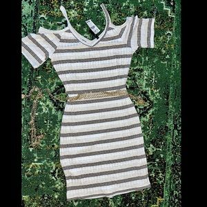 Cold Shoulder Taupe Striped Bodycon